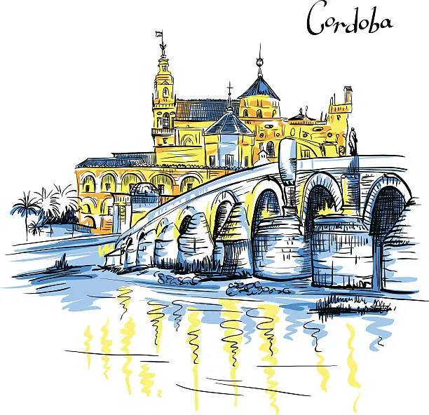 Vector illustration of Vector Mezquita and Roman bridge in Cordoba, Spain