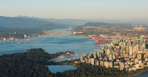 Aerial Image of Vancouver, British Columbia, Canada with Stanley Park, downtown and waterfront