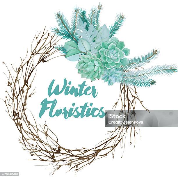 Winter Watercolor Floristic Composition Stock Illustration - Download Image Now - Backgrounds, Branch - Plant Part, Flower