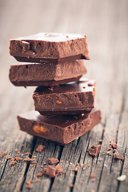 istock Chocolate blocks on wood table close-up 624412024