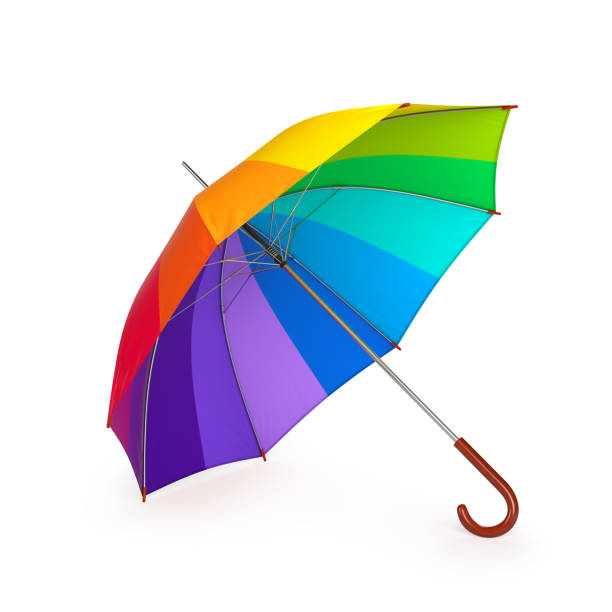 istock Colorful rainbow umbrella isolated on white background. 3D illustration . 624433996