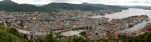 View of the city centre from Mt. Fløyen, Bergen, Norway Bergen is a city and municipality in Hordaland on the west coast of Norway fløyen stock pictures, royalty-free photos & images