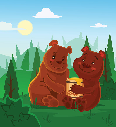 Bears characters eating honey. Vector flat cartoon illustration