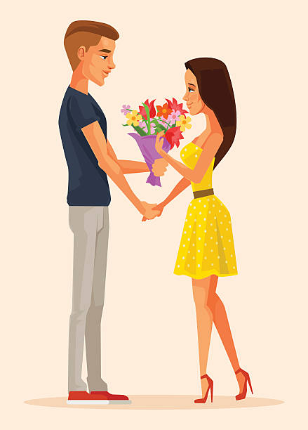 illustrations, cliparts, dessins animés et icônes de le personnage de garçon donne des fleurs de bouquet cadeau au personnage de fille - valentines day romance boyfriend vertical