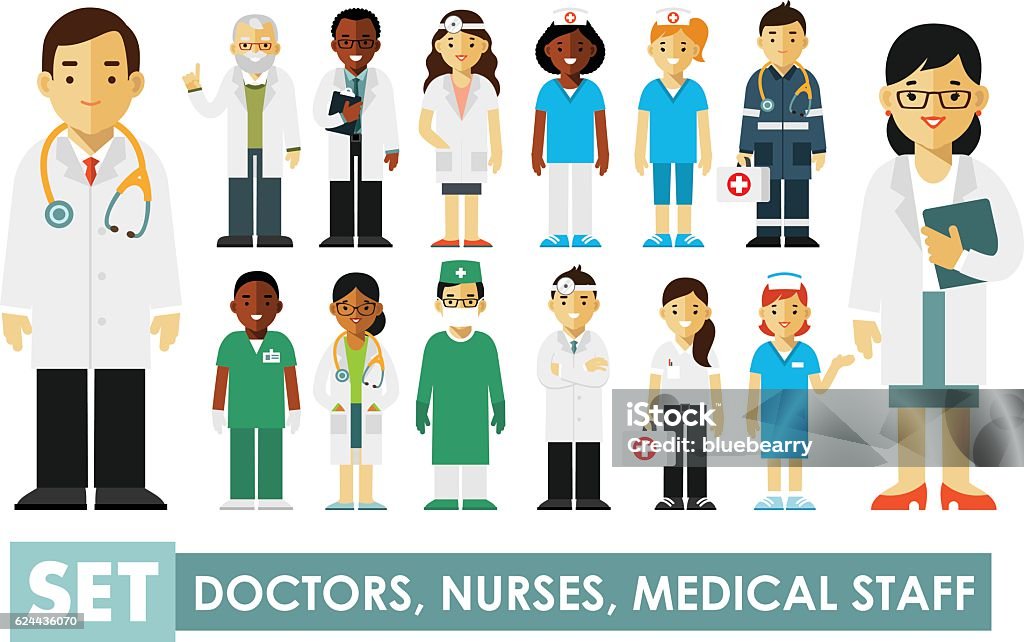 Medicine set with doctors and nurses Practitioner young doctors man and woman standing. Medical staff in flat style isolated on blue background Doctor stock vector