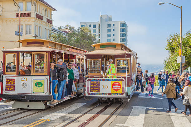 San Francisco, USA - June 20, 2008: conductor turns the cable car at the movable platform that the cable car is ready for next turn in San Francisco.