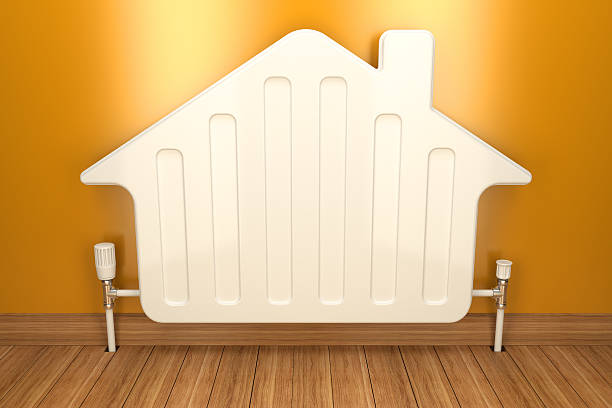 Heater radiator on yellow wall in house. 3d image