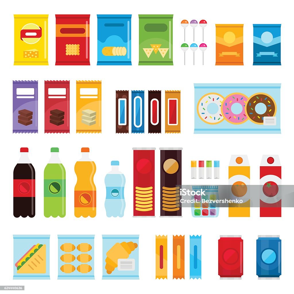 Vending machine product items set. Vending machine product items set. Vector flat illustration. Food and drinks design elements isolated on white background. Fast food snacks and drinks flat icons. Snack pack set stock vector design Box - Container stock vector