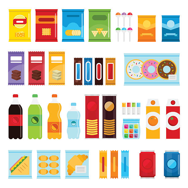 Vending machine product items set. Vending machine product items set. Vector flat illustration. Food and drinks design elements isolated on white background. Fast food snacks and drinks flat icons. Snack pack set stock vector design biscuit quick bread stock illustrations