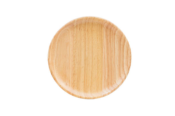 istock Close up empty flat wooden dish isolated on white background. 624443134