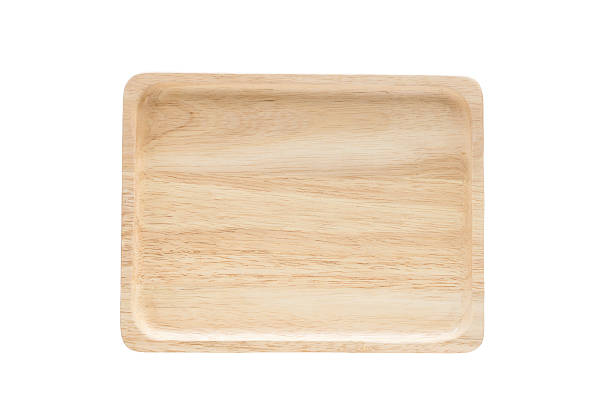 istock Close up empty flat wooden dish isolated on white background. 624443276