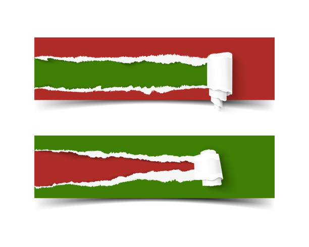 Hole in red cardboard teared sides and scroll banner. Merry Vector torn paper banner with paper roll of Merry Christmas and Happy new year colors. Green ripped pieces of paper with shadow isolated on red banner. Hole in red paper with torn sides for poster. teared stock illustrations