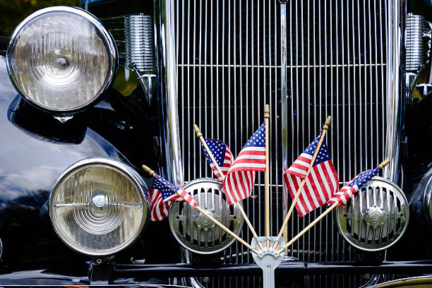 istock Grill of an antique blue car with front head light 624445550