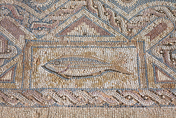 Close-up fragment of ancient religious mosaic in Kourion, Cyprus