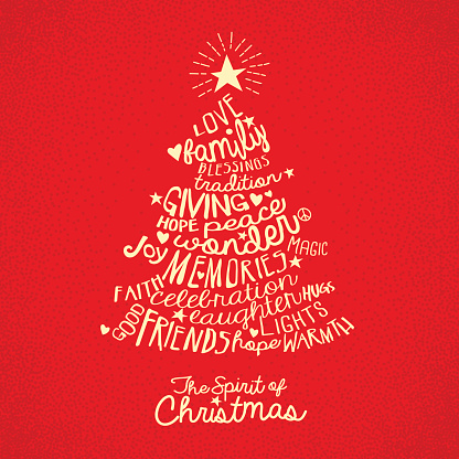 handwritten word cloud Christmas tree greeting card design with meaningful inspiring words