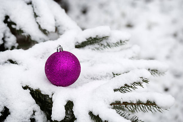 istock Pink Christmas Bauble on Snowy Tree Outdoors 624458916