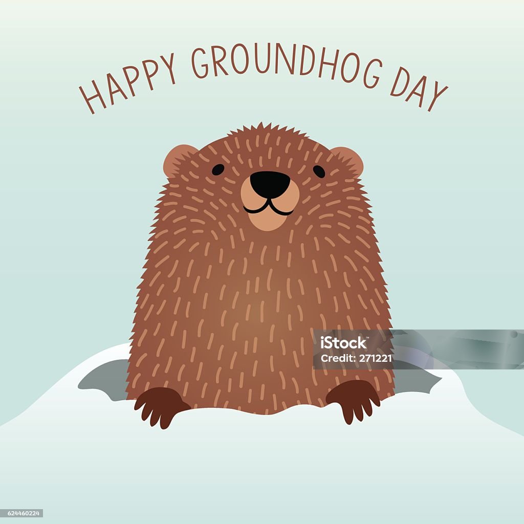 Happy Groundhog Day with cute groundhog emerging from his den - Royalty-free Groundhog Day - Tatil Vector Art