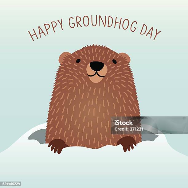 Happy Groundhog Day With Cute Groundhog Emerging From His Den Stok Vektör Sanatı & Groundhog Day - Tatil‘nin Daha Fazla Görseli