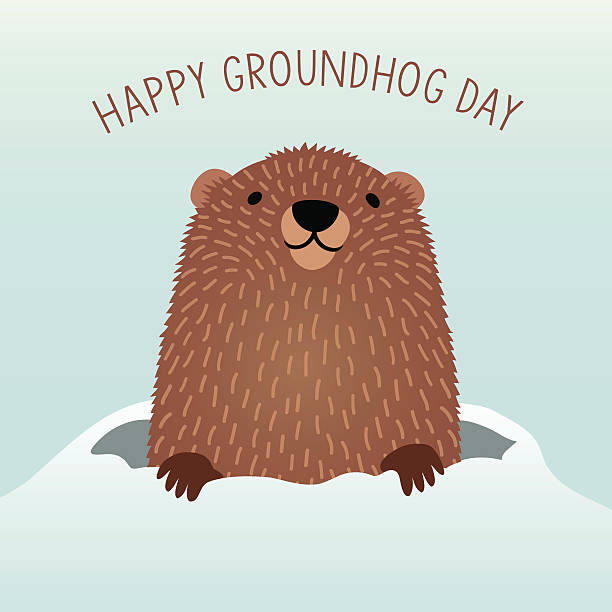 Happy Groundhog Day with cute groundhog emerging from his den Happy Groundhog Day design with cute groundhog emerging from his den in the snow to predict the coming of Spring groundhog day stock illustrations