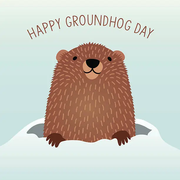 Vector illustration of Happy Groundhog Day with cute groundhog emerging from his den