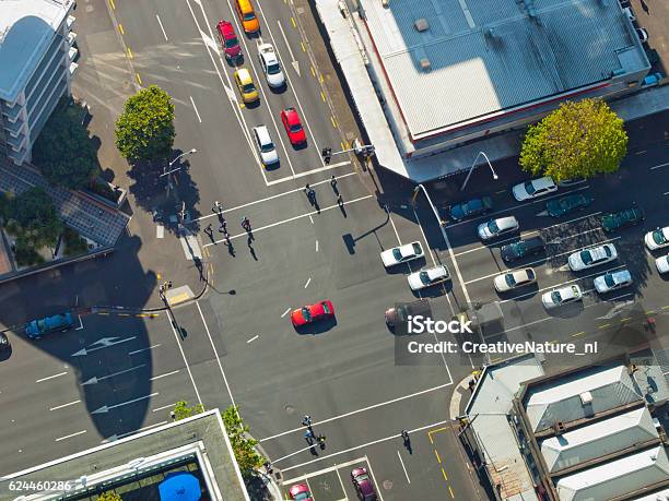 City Crossroad Scene Stock Photo - Download Image Now - Road Intersection, Car, Aerial View