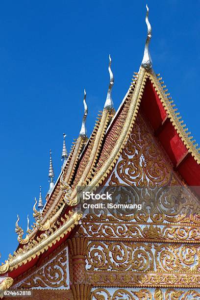 Wat Sri Mongkol Golden Top Roof Blue Sky Cloud Stock Photo - Download Image Now - Architecture, Art And Craft, Asia