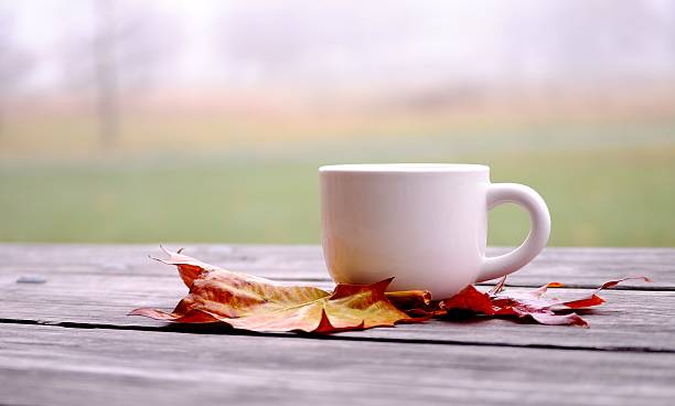 istock Autumn scene. Coffee/ tea cup on a wooden table. 624462848