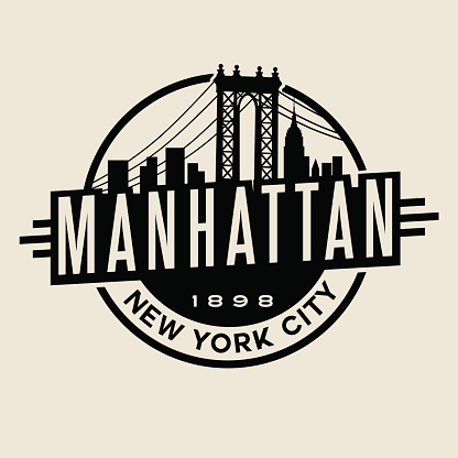 Manhattan, New York City lettering with silhouette of bridge and skyline for vintage t-shirt or print design.