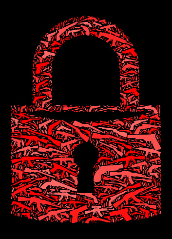Security Lock Gun Icon Pattern Background. The icon shape is made up of various gun and bullet icons in red color. The background is solid black and the red guns, machine guns, bullet, cross hair and target icons vary in size.