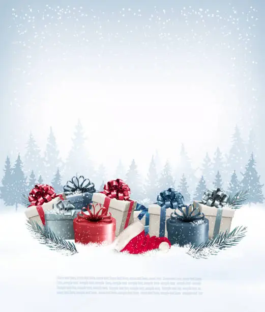 Vector illustration of Holiday Christmas background with gift boxes and Santa hat. Ve