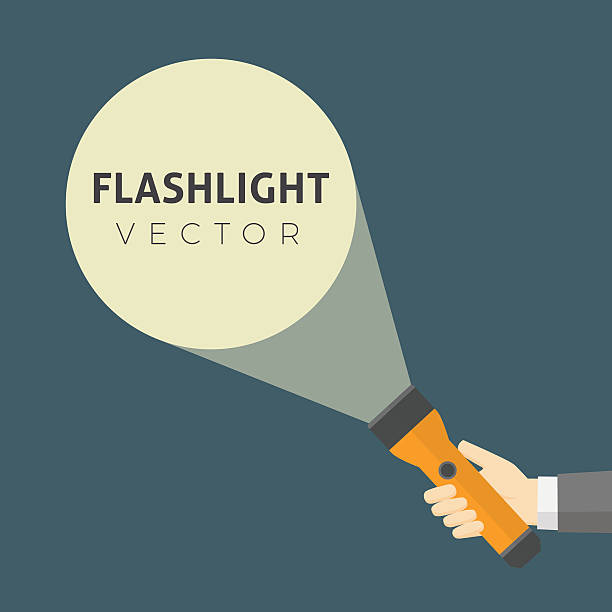 illustrazioni stock, clip art, cartoni animati e icone di tendenza di design piatto della torcia a mano e del fascio di luce di proiezione - flashlight