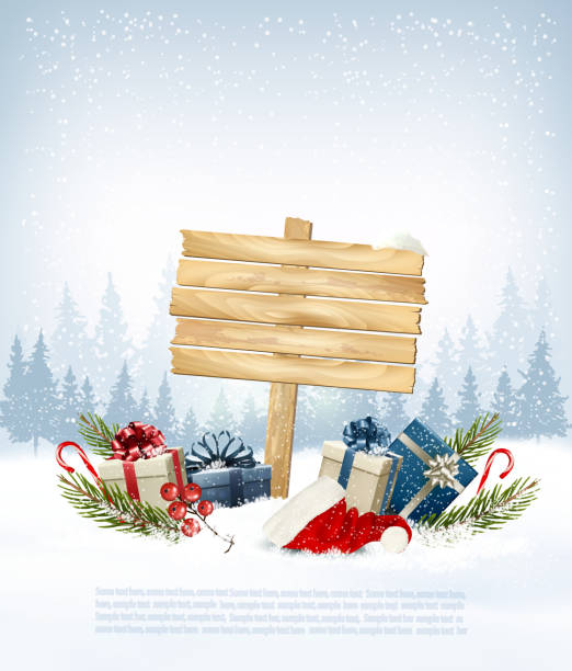 istock Winter background with gift boxes and wooden ornate Merry Chri 624473540