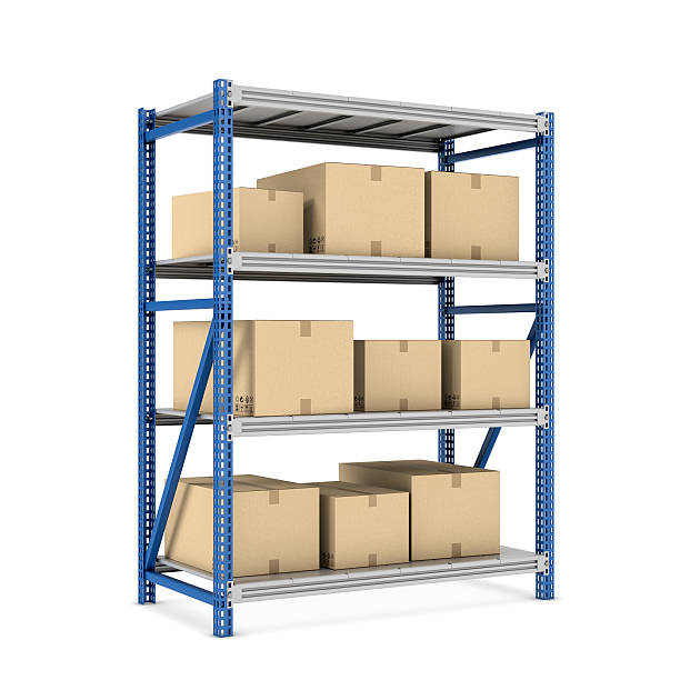 istock Rendering metal rack with beige cardboard boxes of different size 624475482