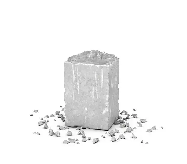 Rendering big rectangular block of gray rock and its chips isolated on white background. Mineral extraction. Traditional mining and equipment. Stone carving.