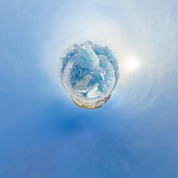 Photo of Blue ice hummocks Baikal stereographic panorama, Listvyanka