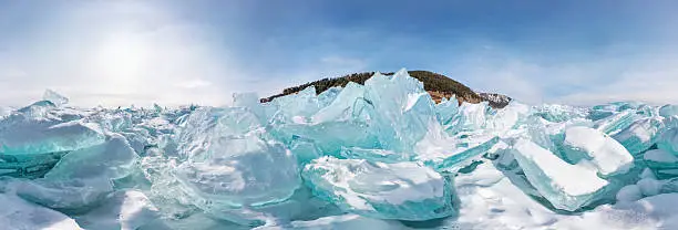 Photo of Hummocks of of lake baikal ice, panorama 360 degrees equirectang