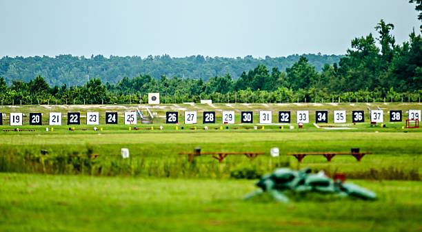 targets for a shooting range with bulls-eye's - target sport target target shooting bulls eye imagens e fotografias de stock