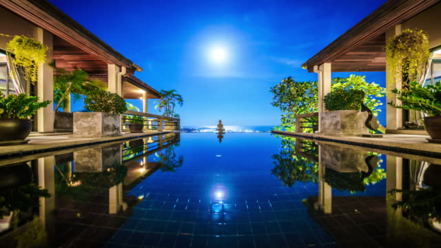 Supermoon rising over the pool at the villa time lapse 4K