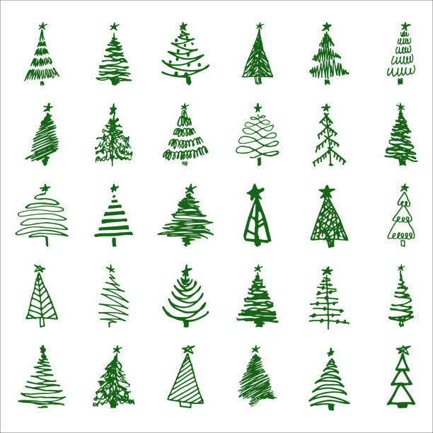 set handgezeichnete skizze weihnachten und neujahr baum - christmas tree dirty winter grunge stock-grafiken, -clipart, -cartoons und -symbole