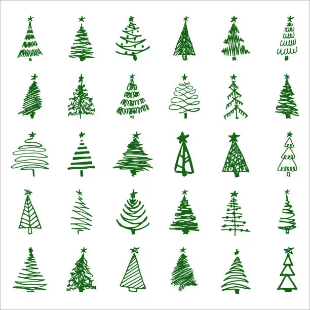 Vector illustration of Set hand-drawn sketch Christmas and New Year tree