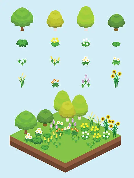 Vector illustration of Video Game-Type Isometric Grassland Set