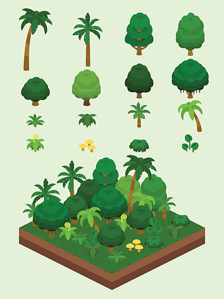 izometryczny zestaw izometrycznych lasów deszczowych typu gry wideo - mushroom forest tree area fungus stock illustrations