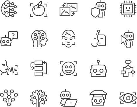 Simple Set of Artificial Intelligence Related Vector Line Icons. Contains such Icons as Face Recognition, Algorithm, Self-learning and more. Editable Stroke. 48x48 Pixel Perfect.