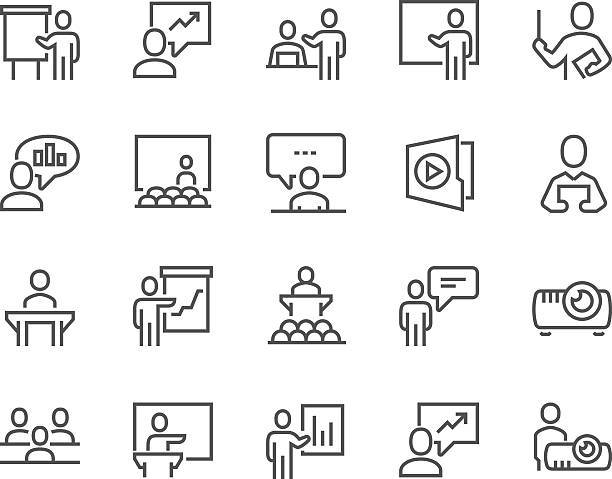 Line Business Presentation Icons Simple Set of Business Presentation Related Vector Line Icons. Contains such Icons as Presenter, Teacher, Audience and more. Editable Stroke. 48x48 Pixel Perfect. man presentation stock illustrations