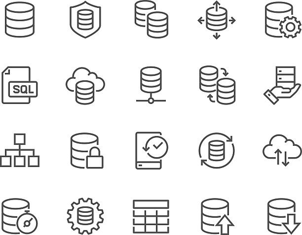 ilustrações de stock, clip art, desenhos animados e ícones de line database icons - computer network technology communication data