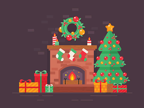 ilustrações de stock, clip art, desenhos animados e ícones de festive christmas tree and decorated fireplace flat card - fire place