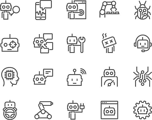 Line Bot Icons Simple Set of Robots Related Vector Line Icons. Contains such Icons as Autopilot, Chatbot, Broken Bot and more. Editable Stroke. 48x48 Pixel Perfect. robot spider stock illustrations