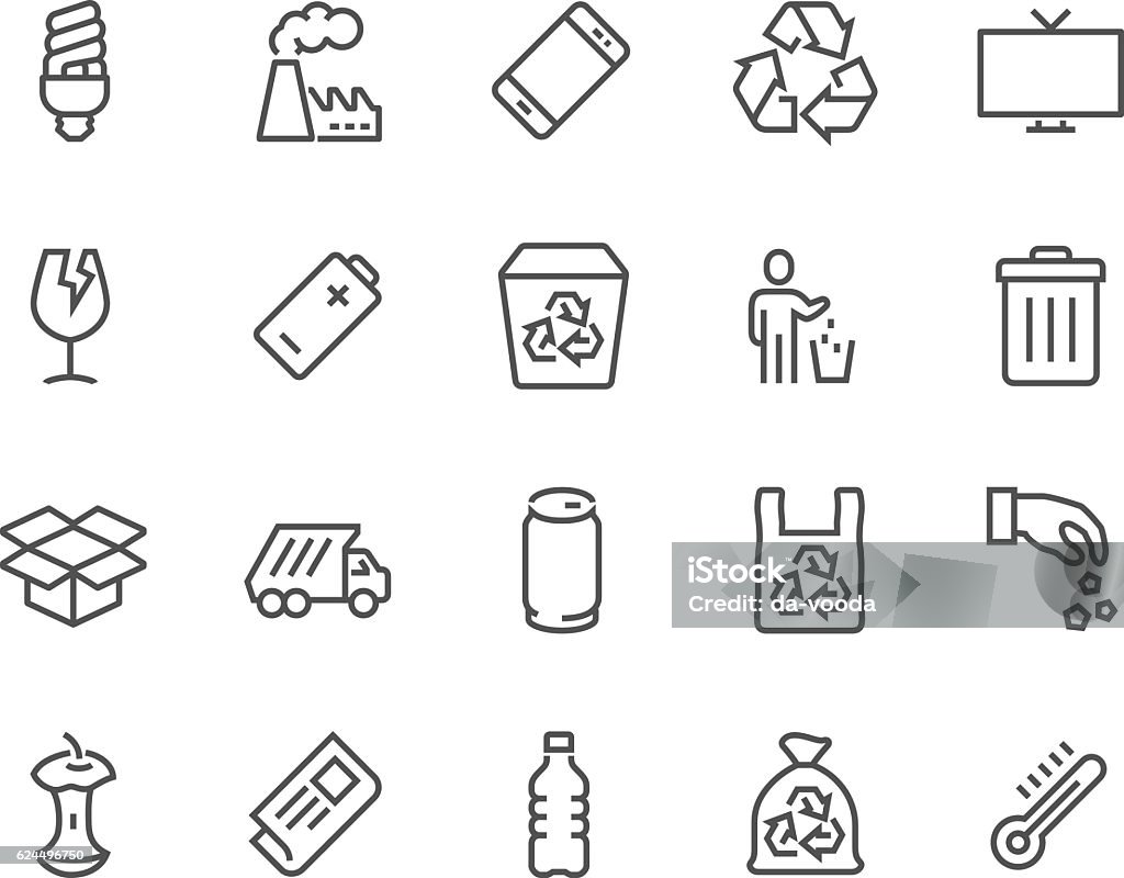 Line Garbage Icons Simple Set of Garbage Related Vector Line Icons. Contains such Icons as Cardboard, Organic Waste, Plastic, Aluminium Can and more. Editable Stroke. 48x48 Pixel Perfect. Icon Symbol stock vector