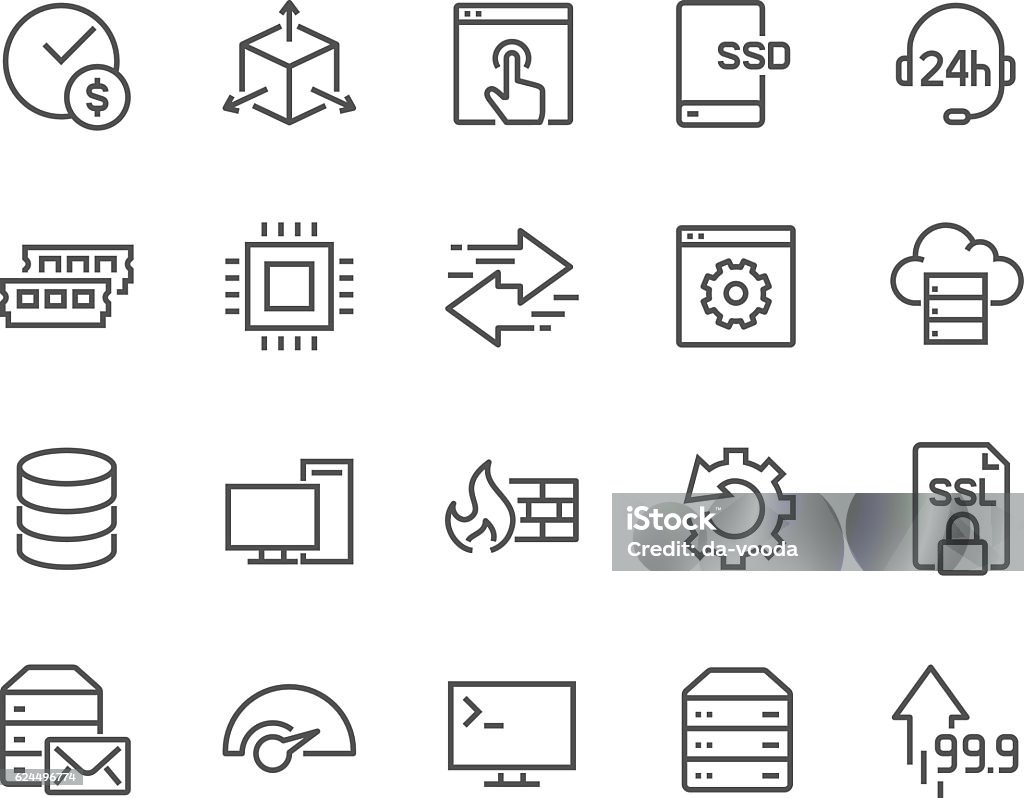 Line Hosting Icons Simple Set of Hosting Related Vector Line Icons. Contains such Icons as SSD Disk, Control Panel, Traffic, Firewall and more. Editable Stroke. 48x48 Pixel Perfect. Icon Symbol stock vector