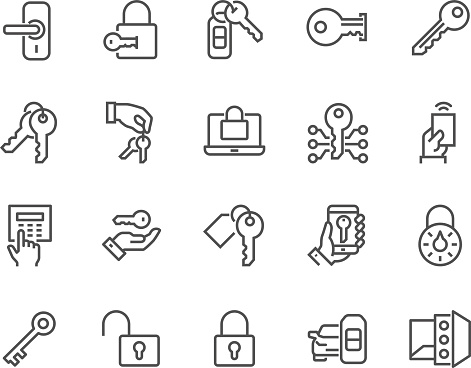 Simple Set of Keys and Locks Related Vector Line Icons. Contains such Icons as Car Keys, Electronic opener, Pin Pad and more. Editable Stroke. 48x48 Pixel Perfect.